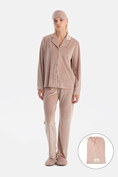 Dagi Mürdüm Travel Ribbed Velvet Shirt Pants Pajama Set