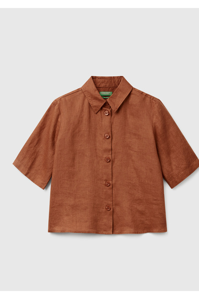 United Colors of Benetton Women's Brown 100% Linen Half Sleeve Plain Shirt