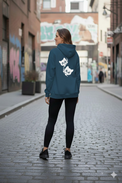 LiyAdaCo Unisex Cute Cats Printed Petrol Blue Oversized Hooded Sweatshirt