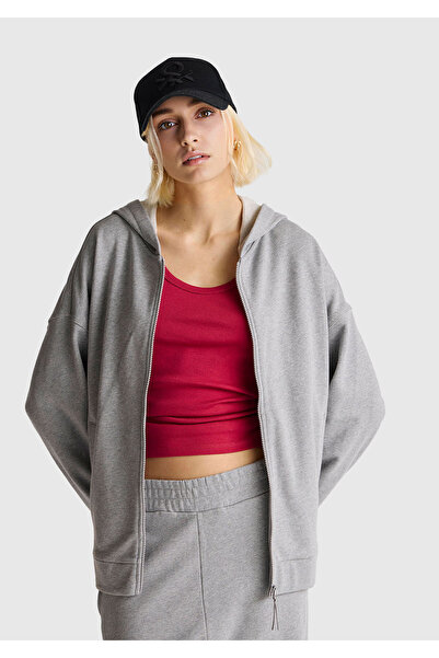 United Colors of Benetton Women's Gray Melange Logo Print Detailed Hooded Relax Fit Sweatshirt