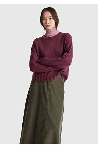 United Colors of Benetton Women's plum wool blend sweater with wide bike collar bottom