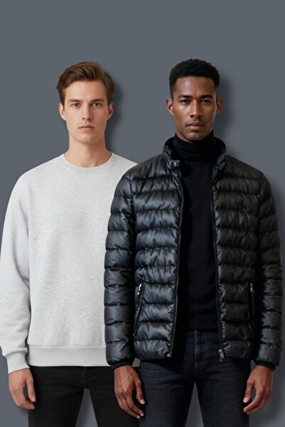 Moda EKM 2'li Paket 1 Adet Ray Desen İçi Elyaf Şişme Mont ve 1 Adet 3 İplik Ş...