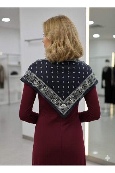 tarzınısec Saray Motif Navy Blue Triangle Scarf Bandana Estacraft - 100X45 cm