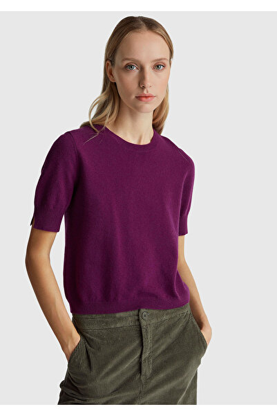 United Colors of Benetton Women's Plum 100% Merino Crew Neck Short Sleeve Sweater