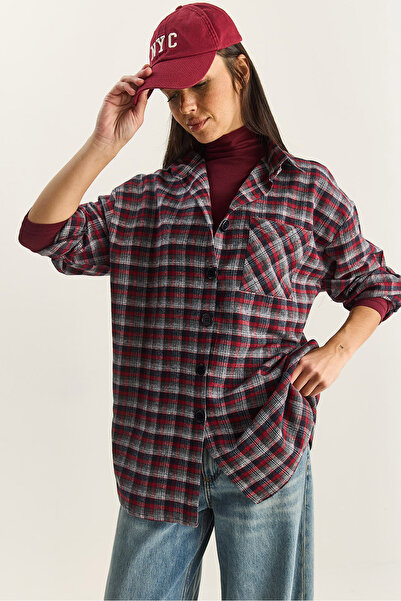 Bianco Lucci Women's Single Pocket Detailed Oversize Plaid Shirt 513 60283572
