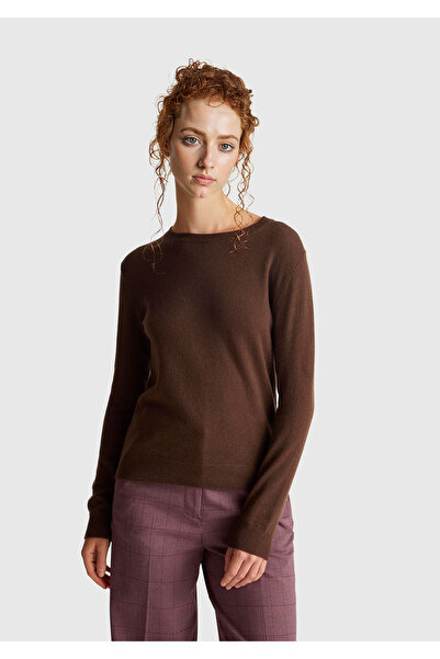 United Colors of Benetton Women's Dark Brown 100% Merino Crew Neck Sweater