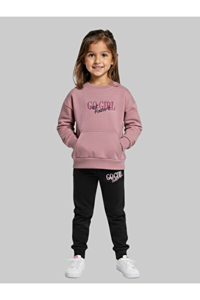 SOROR Girls' Fleece-Lined winter tracksuit set - 2 pieces - pink top and blac...