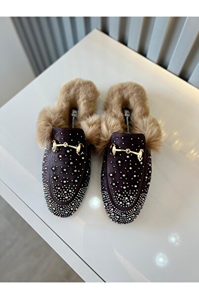 M&B Full Mold, Suede Stone Women's Slippers. Between 36 and 43, with Stylish Stone Details and a Soft Fur Interior Structure.