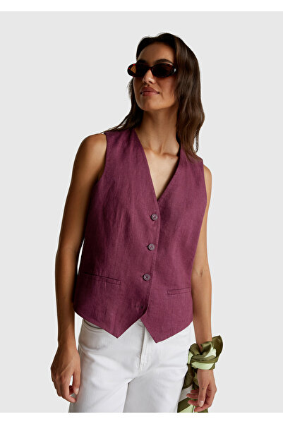 United Colors of Benetton Γυναικείο γιλέκο από 100% λινό με κουμπιά μπροστά κ...