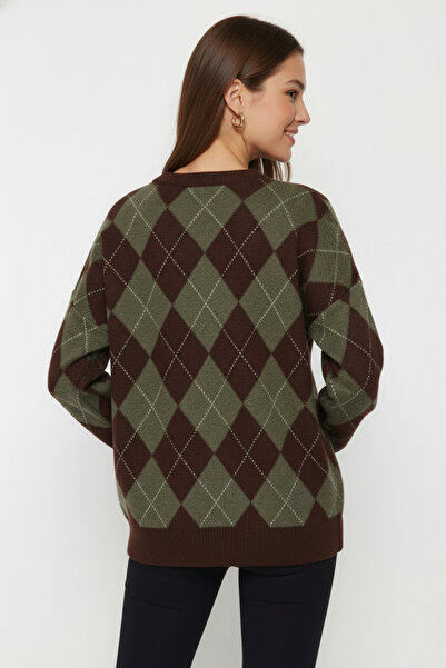 civetta Women's Green Argyle Patterned Bearded Knitwear Sweater - Crew Neck Soft Textured Fuzzy Women's Sweater