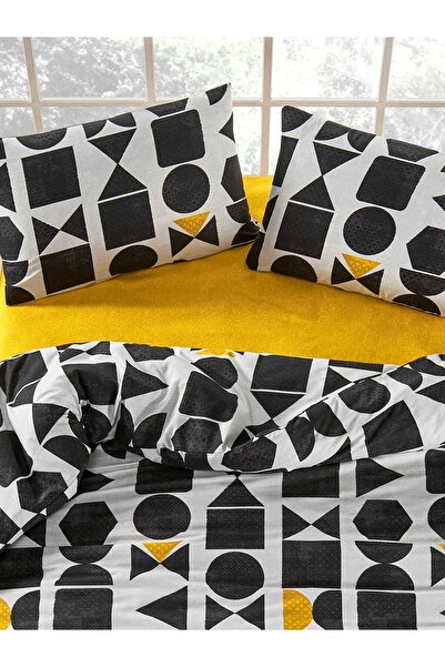 Cottonest Modern Geometric Patterned Premium Duvet Cover Set - 100% Cotton – Black & Yellow - Single Size