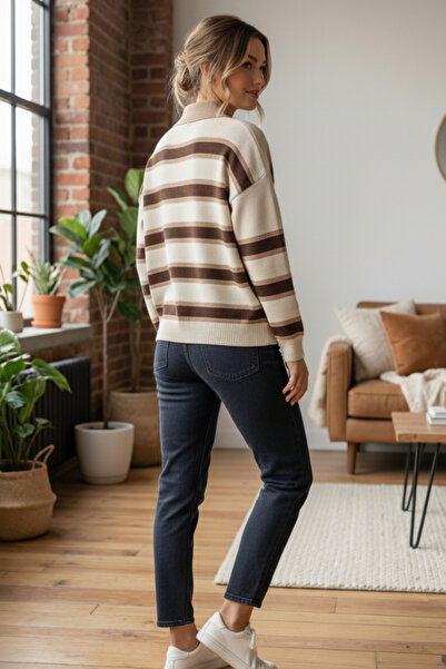 civetta Women's Beige Striped Polo Neck Knit Sweater - Buttoned Soft Winter Top