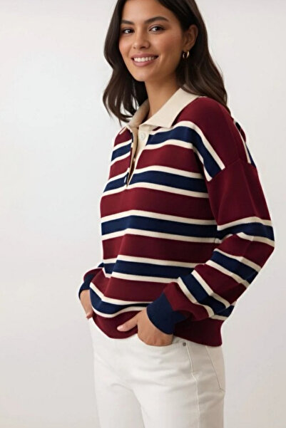 civetta Women's Burgundy Striped Polo Neck Knitwear Sweater - Buttoned Soft Winter Top