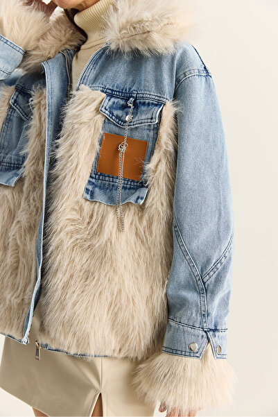 Bianco Lucci Jachetă de blană artificială căptușită din denim cu secțiuni pentru femei 2726 60281134