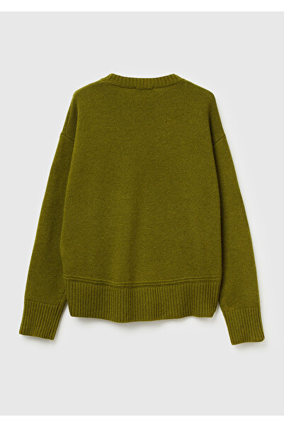 United Colors of Benetton Women's Khaki Green Wool Blend Wide Bottom Crew Neck Sweater