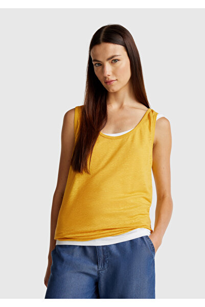 United Colors of Benetton Women's yellow 100% linen tank top with Slit regular fit and round neck