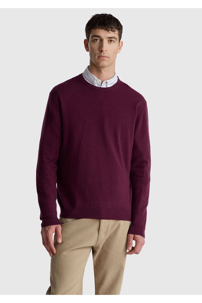 United Colors of Benetton Men's plum 100% merino crew neck sweater