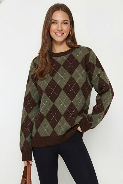 civetta Women's Green Argyle Patterned Bearded Knitwear Sweater - Crew Neck Soft Textured Fuzzy Women's Sweater