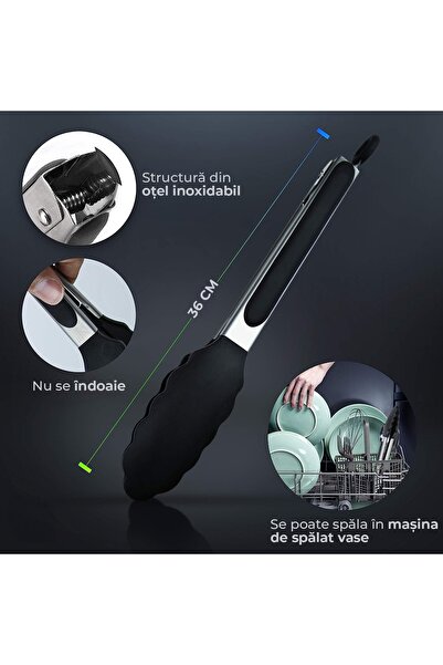 Bukate Stainless Steel and Silicone Serving Tongs, Black, with Locking and Hanging Ring, 36cm, Bukate®