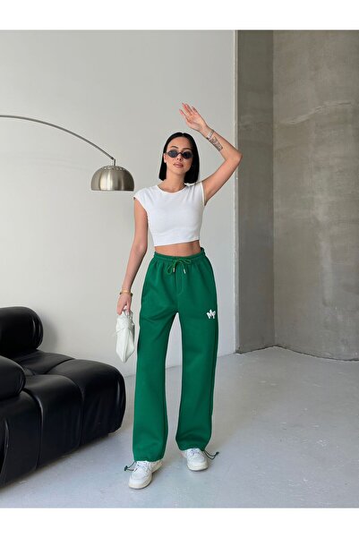 moda paketi Γυναικείο παντελόνι – Άνετο κομμένο, παντελόνι jogger με λεπτομέρεια από λευκό κέντημα