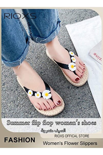 RIOXS شبشب نسائي مزهر، صندل أنيق مضفر على شكل ثونغ، شبشب نسائي بحزام على شكل ...