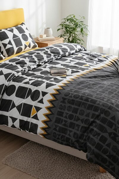 Cottonest Modern Geometric Patterned Premium Duvet Cover Set - 100% Cotton – Black & Yellow - Single Size