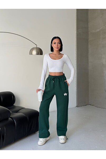 moda paketi Women's Sweatpants – Relaxed Fit, Jogger Pants with White Embroidery Detail