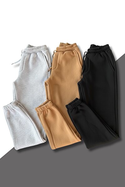 Moda EKM 3'lü Jogger Kalın Eşofman Altı Beli Paçası Lastikli Bağcıklı Cepli
