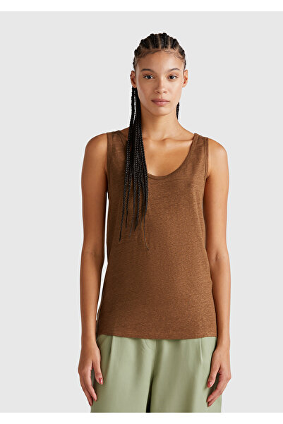 United Colors of Benetton Women's brown 100% linen tank top with Slit regular fit and round neck