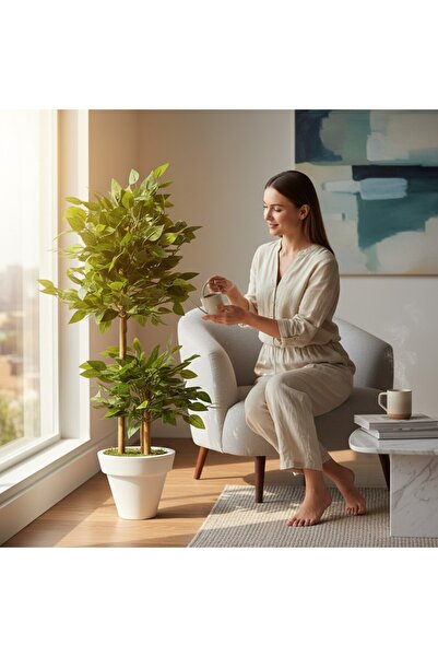 ERHAN FLOWERS Yapay Çiçek beyaz Saksıda Benjamin Salon Balkon Ev Ağacı Yeşil Bitkisi Bambu Gövdeli Dolgun