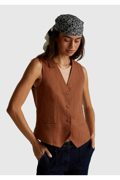 United Colors of Benetton Women's Brown 100% Linen Front Buttoned V-Neck Vest