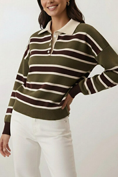 civetta Women's Green/Khaki Striped Polo Neck Knit Sweater - Buttoned Soft Winter Top