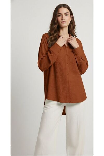 Meşe Moda Brick Color Textured Oversized Shirt