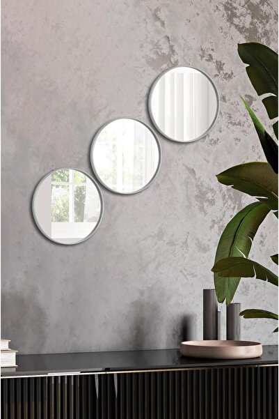 Metpoint Silver 3-Piece 24X24 Serving Tray with Round Mirror for Coffee and Tea (Multi-Purpose)