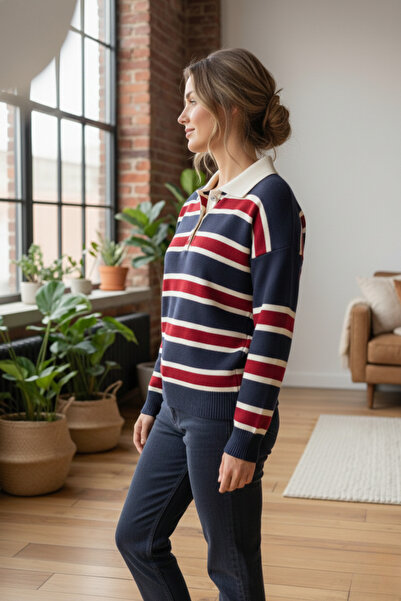 civetta Women's Navy Blue Striped Polo Neck Knit Sweater - Buttoned Soft Winter Top