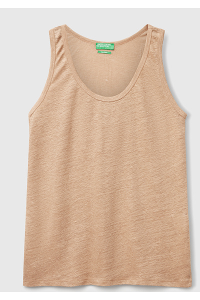 United Colors of Benetton Γυναικείο μπλουζάκι σε μπεζ χρώμα, 100% λινό, με στρογγυλή λαιμόκοψη και κανονική εφαρμογή