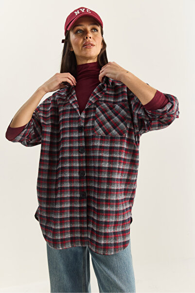 Bianco Lucci Women's Single Pocket Detailed Oversize Plaid Shirt 513 60283572