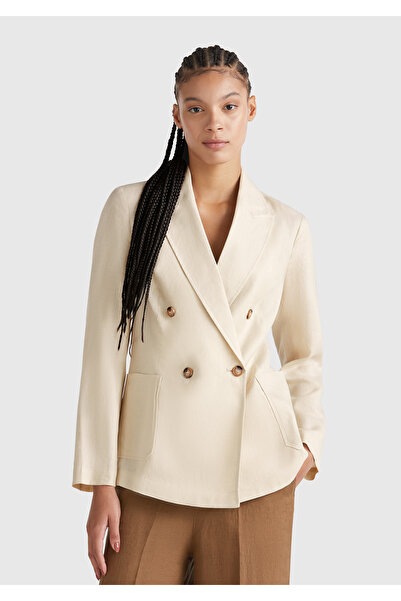 United Colors of Benetton Women's Stone Color 100% Linen Jacket