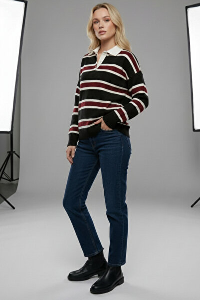 civetta Women's Black Striped Polo Neck Knit Sweater - Buttoned Soft Winter Top