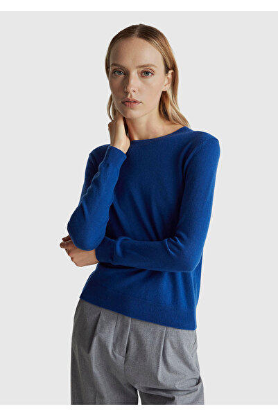 United Colors of Benetton Women's Dark Blue 100% Merino Crew Neck Sweater