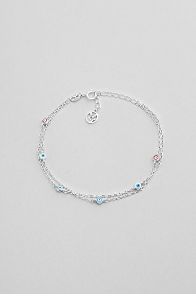 So CHIC... Minimal Nazar 18 Ayar Beyaz Altın Kaplama 19 Cm Gümüş İkili Bileklik