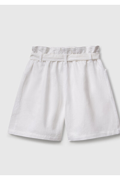 United Colors of Benetton Girl's White Linen Blend Wide Fit Bermuda Shorts with Belted Waist