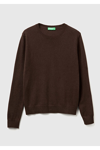United Colors of Benetton Women's Dark Brown 100% Merino Crew Neck Sweater