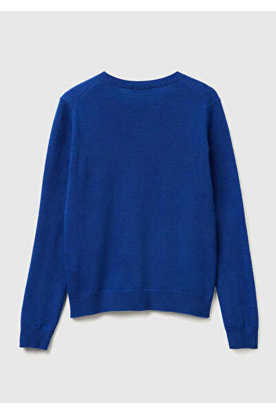 United Colors of Benetton Pulover de damă albastru închis 100% merino guler rotund