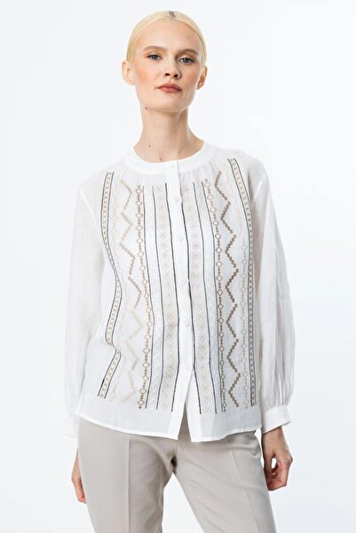 Nazen Giyim Front embroidered ecru linen women's blouse 3928-2y5