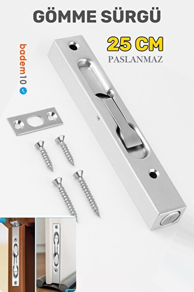 Badem10 Paslanmaz Çelik 25 cm Gömme Kapı Sürgüsü Gizli Sessiz Çalışan Dayanık...