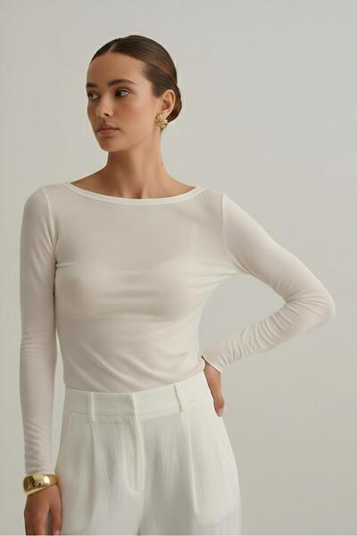 Baluxe Ecru transparent boat neck modal long sleeve blouse