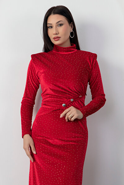 PULLIMM Рокля с кант на яката и подплатени рамене от камък и кадифе 2025-4411