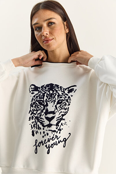 Bianco Lucci Women's Tiger Printed T-Shirt Detailed Fleece-Lined Sweatshirt 6975 60283871