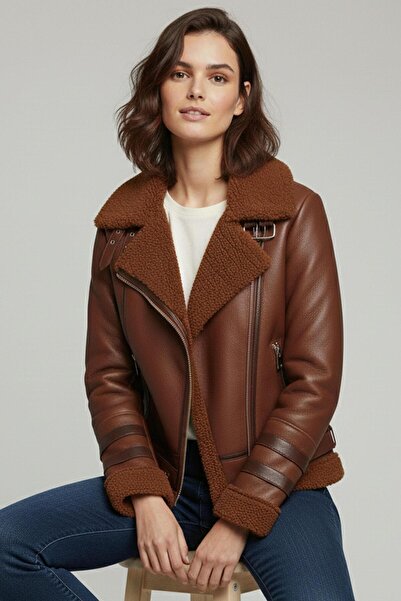 Deriderim Oslo Tan Genuine Lambskin Zippered Biker Women's Coat